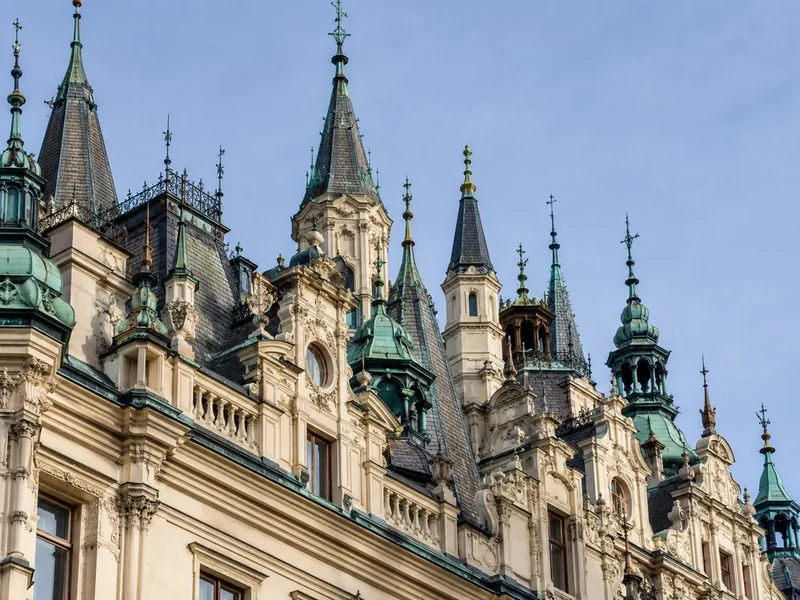 Moszna Castle’s turreted south front