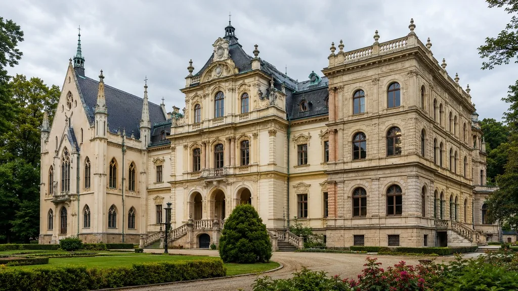 The turreted front of Moszna Castle above the park